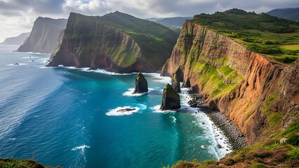 Ocean waves crashing against rocky cliffs.