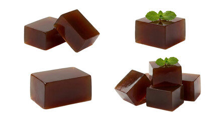 Refreshing Coffee Jelly Cubes with Mint Leaf Garnish, Sweet Dessert