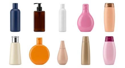 Collection of Various Cosmetic Bottles and Containers on White Background