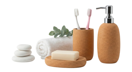 Spa Bathroom Accessories: Soap, Toothbrushes, Towel, Stones, and Dispenser
