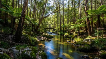 Serene forest stream with lush greenery.