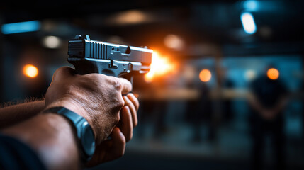 Handgun shooting practice at training range, faceless silhouette target focus, dark indoor session, firearm skills development, law enforcement academy training, with copy space