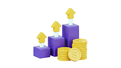 3D Bar Chart with Upward Arrows and Coins