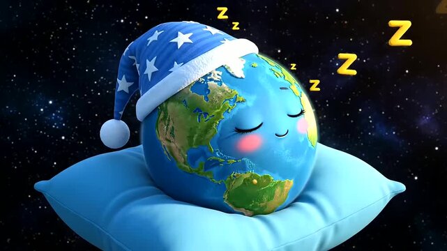 Happy World Sleep Day: Adorable Sleeping Earth Character Resting Peacefully on a Pillow in Starry Space, Symbolizing Global Well-being and Tranquility