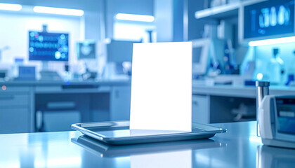 Modern laboratory equipment and blank paper on tablet in a research facility environment viewed from the front.