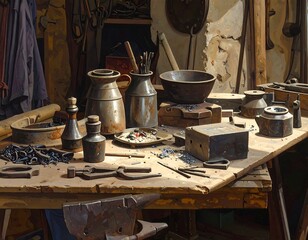 A rustic workbench laden with tools & equipment. Various containers & metalwork items, in an old, weathered workshop