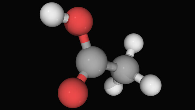structural formula of acetic acid, molecular shape isolated on black background