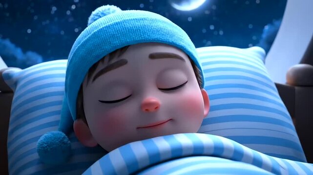 World Sleep Day: Adorable Cartoon Child Sleeps Peacefully in a Cozy Bed Under a Starry Night Sky with Crescent Moon, Dreamy Blue Bedroom Scene