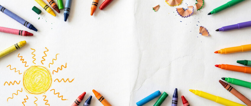 Top view flat lay of colorful crayons and markers on white paper background with hand drawn sun representing art education