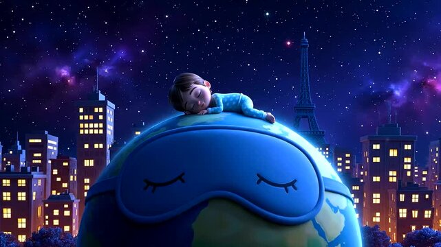 Cute cartoon child sleeping peacefully on Earth wearing a sleep mask, celebrating World Sleep Day under a starry night sky with city lights and the Eiffel Tower.