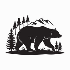 A stylized black silhouette of a powerful walking Grizzly bear on a white background.