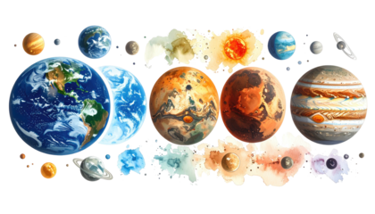 A vibrant illustration showcasing planets, their surfaces, and a central rendering of Earth. The solar bodies are arranged with detailed artistry