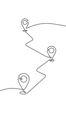 Continuous line multiple location pin route illustration vector, vertical map navigation path and travel destination concept