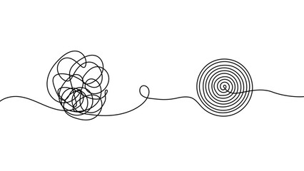 Continuous line chaos to clarity concept illustration vector, abstract scribble transforming into focused spiral idea