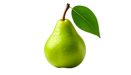 A vibrant, isolated green pear displays a symmetrical form. A singular, lush leaf is attached by a slender stem against a black background