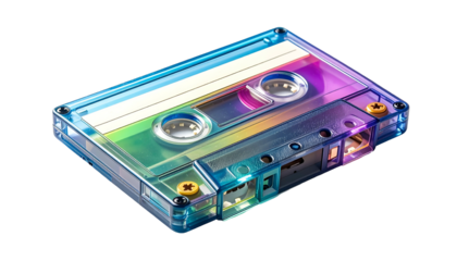 A vibrant, isometric illustration of a cassette tape with a clear case and rainbow color gradient