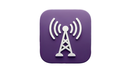 3D Icon: Purple Square with White Radio Tower and Signal Waves