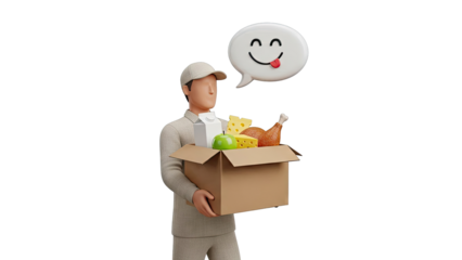 Delivery Person Holding Grocery Box with Happy Face Icon