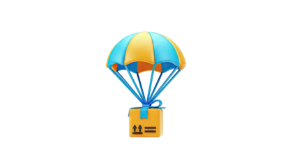 3D render of a delivery box descending by parachute