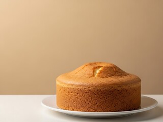 Simple homemade sponge cake served on a white plate against beige backdrop