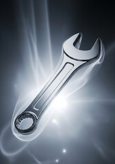 Spectacular Chrome Wrench Tool with Radiating Light on Steel Grey