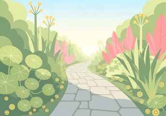 Stylized garden path vector illustration with vibrant foliage design