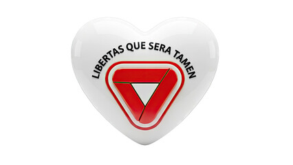 Heart-shaped emblem with "Libertas Que Sera Tamen" and a stylized triangle logo