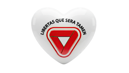 Heart-shaped emblem with "Libertas Que Sera Tamen" and a stylized triangle logo