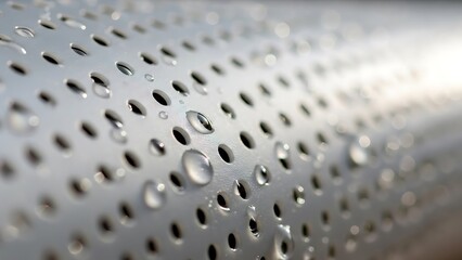 Water droplets on a perforated metal surface creating abstract patterns