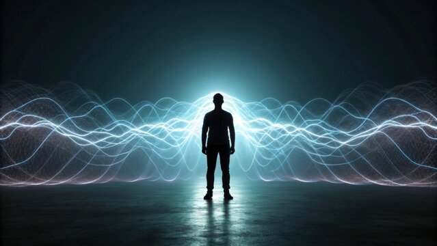 Human silhouette surrounded by glowing electromagnetic waves