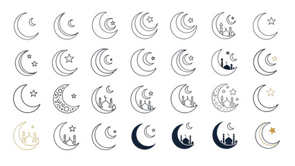 Ramadan kareem crescent moon icons set isolated on transparent background