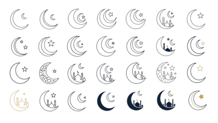 Ramadan kareem crescent moon icons set isolated on transparent background