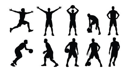 Fototapeta premium Collection of ten black silhouette illustrations of men playing basketball in various dynamic poses