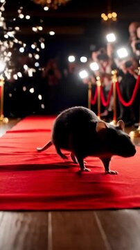 Gray Rat Walking down Red Carpet with Paparazzi Flashes at Gala Event