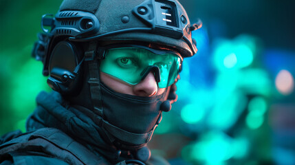 Faceless person in military tactical gear with helmet and goggles, turning head on green screen, chroma key effect footage, security training demonstration, with copy space