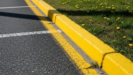 Yellow road curb with grassy median.