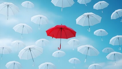Mental Health Depression Concept &ndash; Red Umbrella Standing Out From the Crowd, Unique Symbolic Artwork