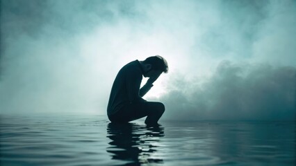 Man sitting in water with hand on head in fog