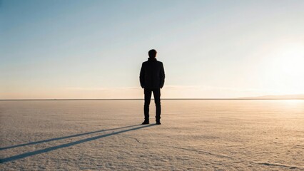 Man Standing Alone in Vast Open Landscape at Sunrise