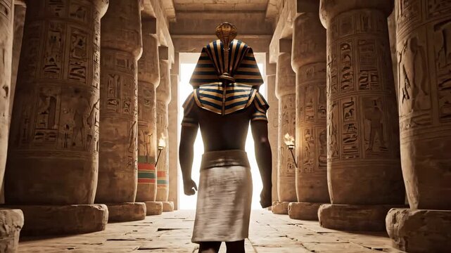 Regal ancient pharaoh walks through a majestic, torchlit Egyptian temple for a historical legacy concept and spiritual journey