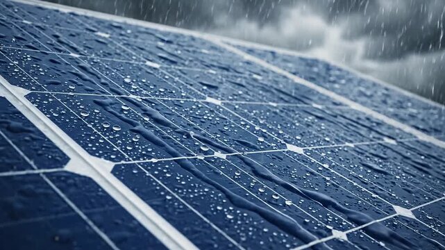 Close up of a solar panel covered in raindrops during heavy rain under a stormy sky for renewable energy concept and all-weather durability