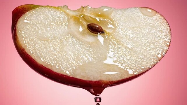 A vibrant, detailed close-up shot of a halved red apple, its crisp white and yellow flesh glistening as clear liquid slowly drips and runs across its surface against a striking pink background. The sl