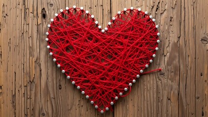 Red string art heart created on a rustic wooden background.