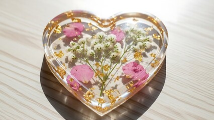 Heart-shaped resin coaster with dried flowers and gold flakes on a wooden table.