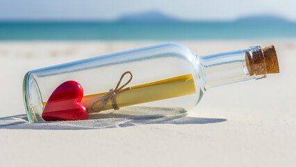 Glass bottle containing a red heart and message rests on a bright sandy beach.
