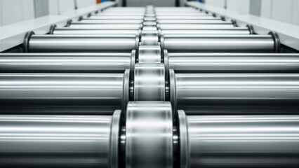 Close up of shiny metal industrial rollers on a conveyor belt system representing automation concept and efficient manufacturing process