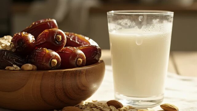 A vibrant, sun-drenched close-up shot captures a wholesome and inviting breakfast or snack arrangement. A rustic wooden bowl overflows with succulent, glossy dates, glistening in the soft morning ligh