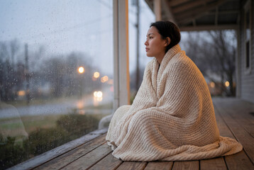 Young Asian woman wrapped in a cozy blanket sits on a porch, introspectively gazing out at the rainy scenery, creating a serene mood.