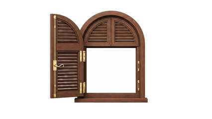 Arched wooden window with louvered shutters and brass hardware