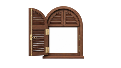 Arched wooden window with louvered shutters and brass hardware